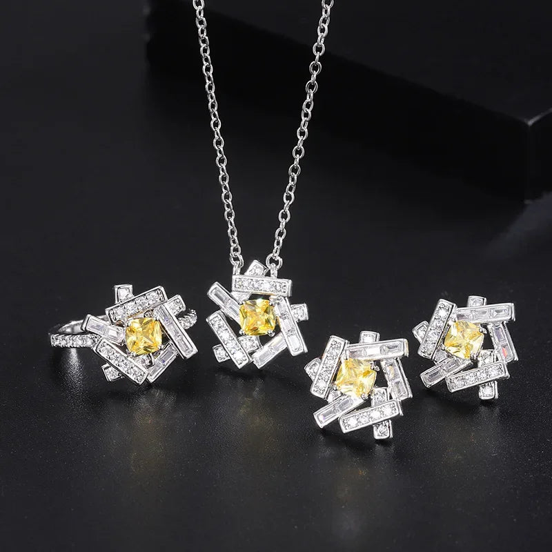 Summer New Necklace Ring Earrings Topaz Stone Yellow Crystal for Women Luxurious Party Wedding Fine Jewelry Birthday Gifts