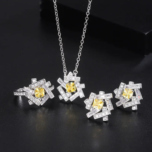 Summer New Necklace Ring Earrings Topaz Stone Yellow Crystal for Women Luxurious Party Wedding Fine Jewelry Birthday Gifts