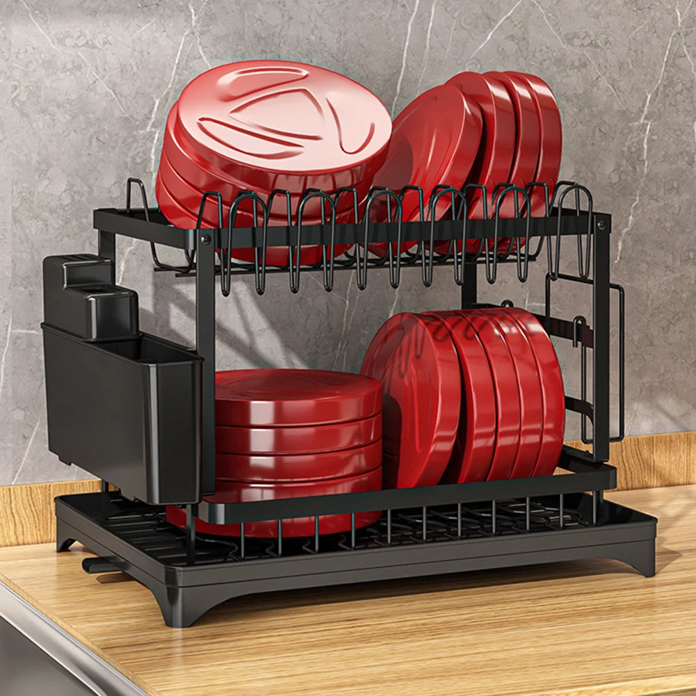 2 Tier Kitchen Dish Drying Rack with Drain Basket Bowl Chopsticks Knife Fork Cup Storage Rack Kitchen Plates Organizer