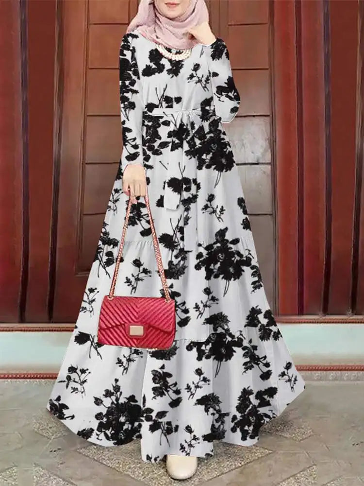 Floral Printed Muslim Dress Long Sleeve Ramadan Turkey Vestidos Vintage Holiday Maxi Robe Kaftan Islamic Abaya