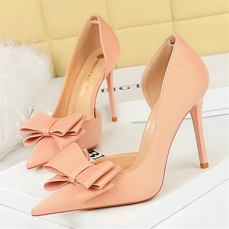 Women 10.5cm High Heels Satin Silk Butterfly Knot Purple Pumps Lady Wedding Bridal Escarpin Blue Green Peach Fashion Party Shoes