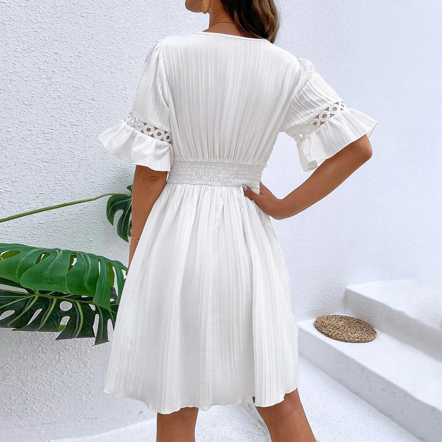 Women Sexy V Neck Flying sleeve Mini Dress Summer Hollow Embroidery Lace Patchwork Party Dress Casual Loose Beach A-Line Dress