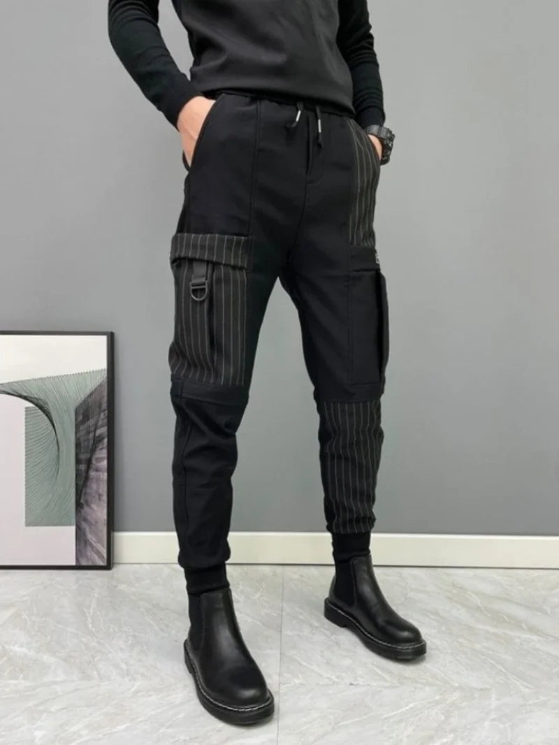 Black Men's Harem Cargo Pants Splicing Autumn Winter Stripe Male Pencil Trousers Spandex Casual Cotton Korean Style Y2k Vintage