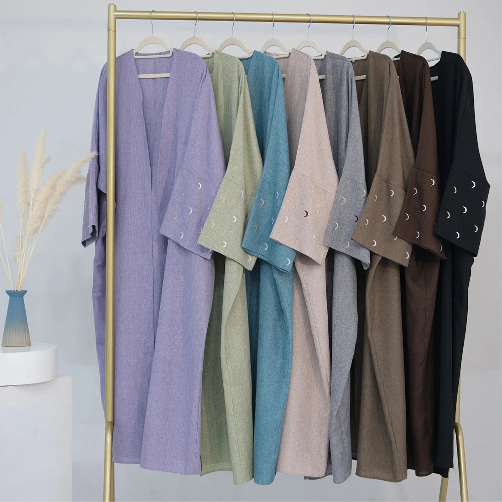 Moon Embroidery Abaya Thin Fabric Batwing Sleeves Oversized Kimono Muslim Women Dubai Islamic Clothing Hijabi Robe Ramadan Eid