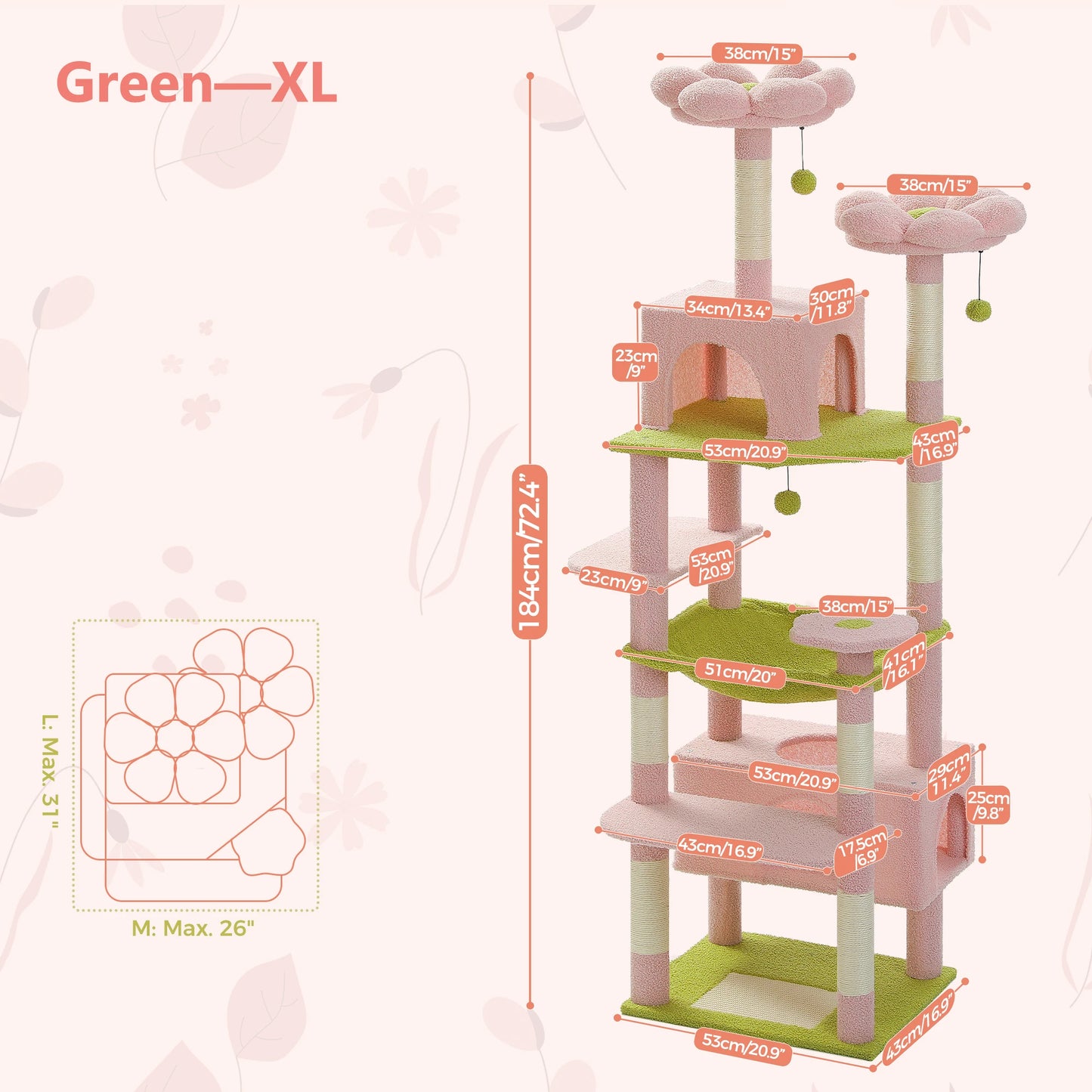 184cm Large Cat Tree Tower for Indoor Cats With Sisal-Covered Scratching Posts Spacious Hammock Padded Perches and Condos Pink