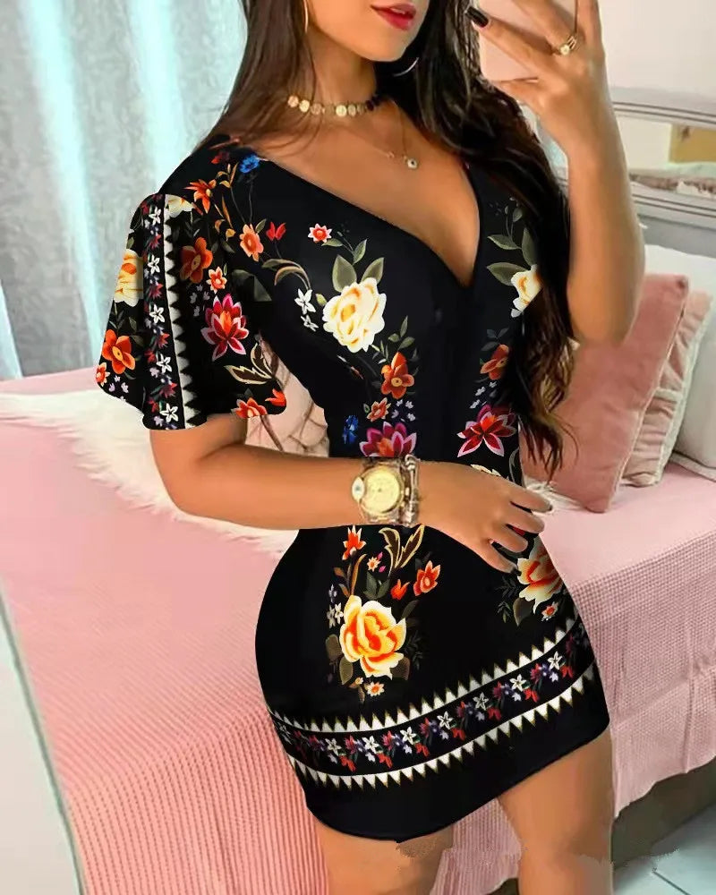Summer Elegant Floral Print Bodycon Mini Dress Women Fashion Sexy Deep V-neck Package Hip Dresess Office Lady Party Dress