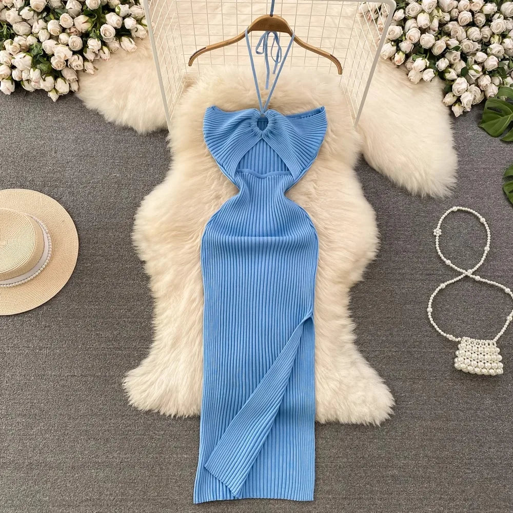 YuooMuoo Women Dress 2025 New Summer Fashion Sexy Package Hips High Split Knitted Bodycon Party Dress Vacation Beach Vestidos