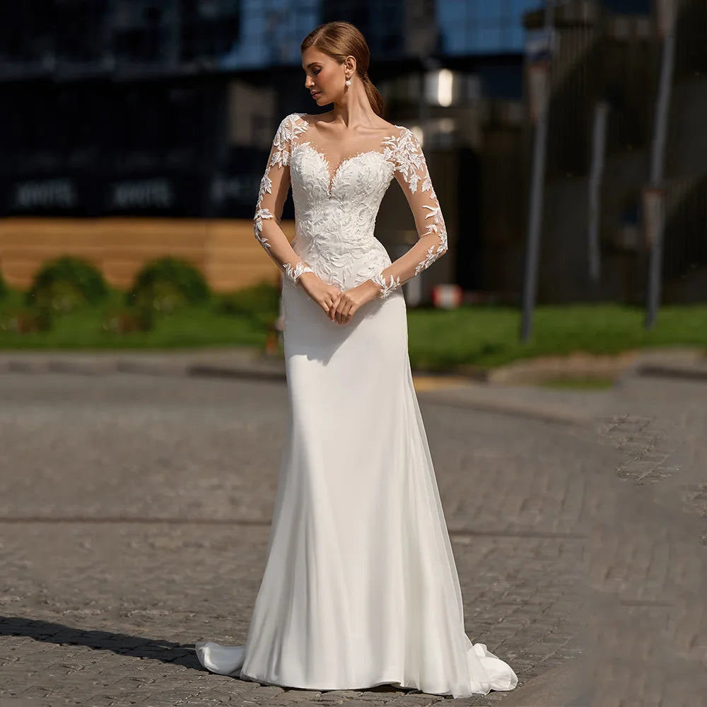 Lady Mermaid Wedding Dresses for Bride Customized Long Sleeevs Scoop Sequined Applique Sweep Train Back Buttons Bridal Gown