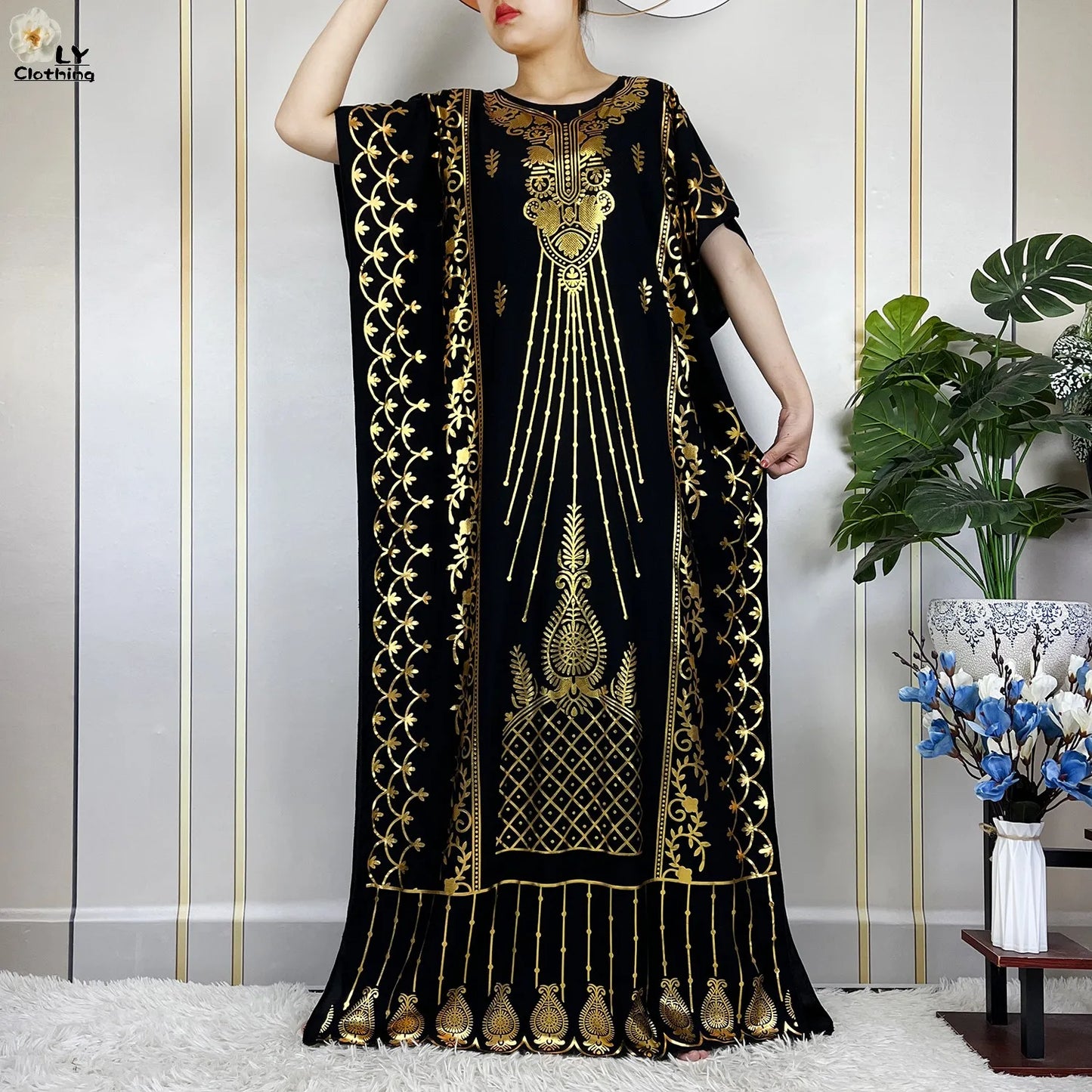New Muslim Summer Short Sleeve Robe Gold Stamping Boubou Maxi Women Femme Loose Dress With Big Scarf African Abaya Clothes