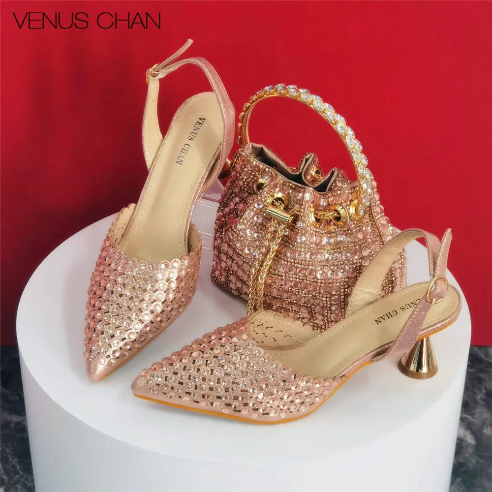 Sandals High Heels for Lady 2025 Luxury Designer Green Color Full Diamond Pointed Toe Wedding Shoe and Bag Set for Party