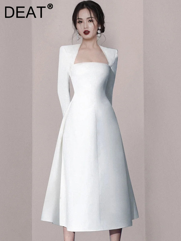 New Party Dress Full Sleeve High Waist Solid Color Luxury A-line Hem Female Medium Long Spring Summer Fashion