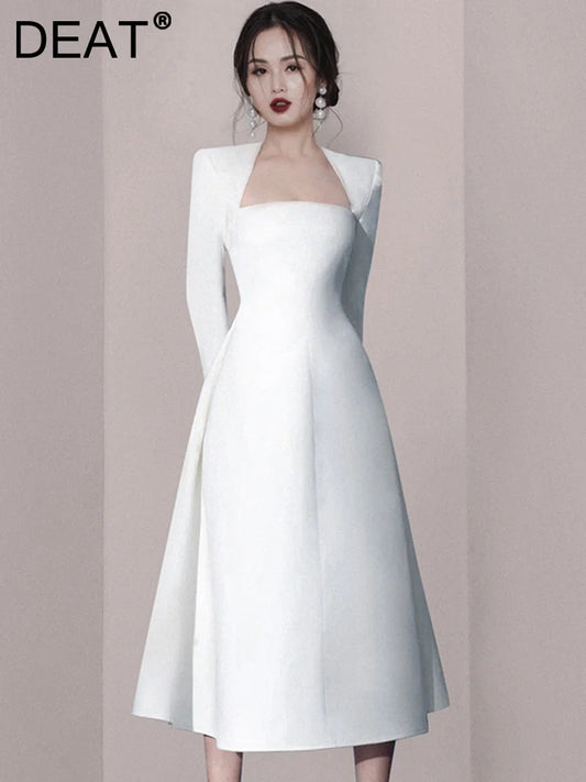 New Party Dress Full Sleeve High Waist Solid Color Luxury A-line Hem Female Medium Long Spring Summer Fashion