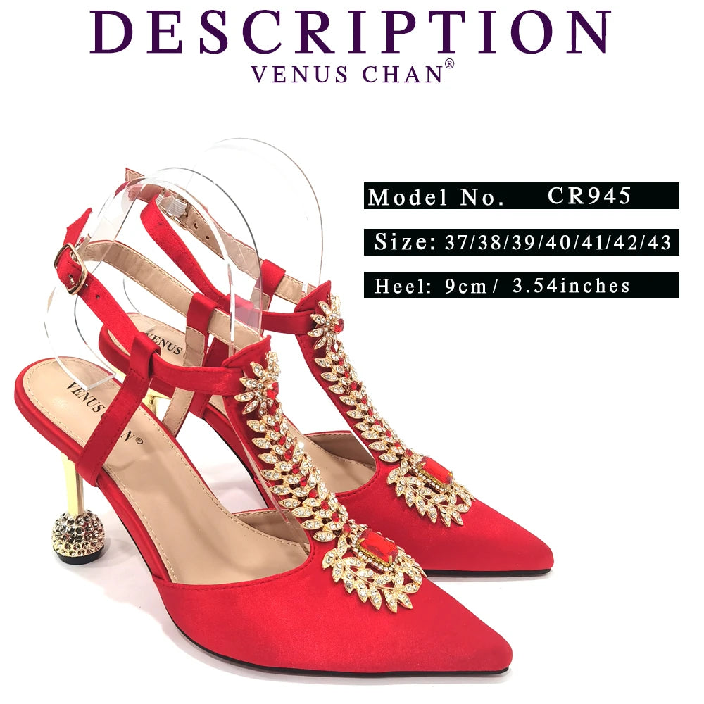 Venus Chan Italian Design Girly Style Pointed Toe Wedding Shoes And Bag, Full Diamond Decoration Metal Closure Bag