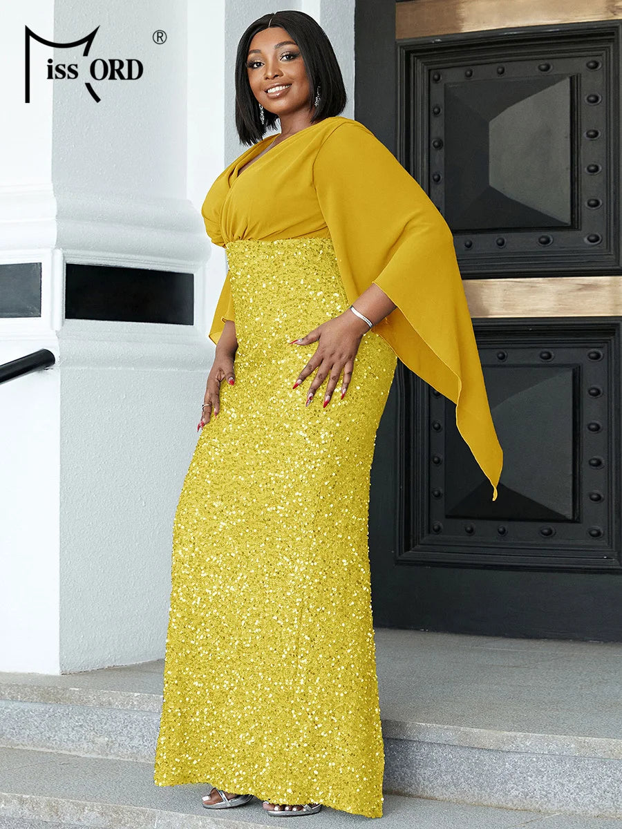 Missord Yellow Sequin Plus Size Wedding Party Dress Elegant Women V Neck Flare Sleeve Bodycon Prom Dresses Long Evening Gown
