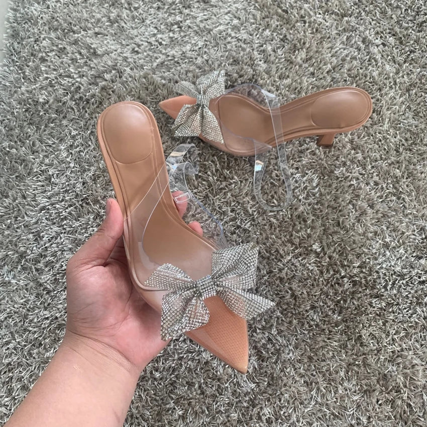 Women Summer Bow Rhinestone Slingback Pumps Fashion Lady Transparent High Heels Sandals Elegant Pointed Toe Heels 2023