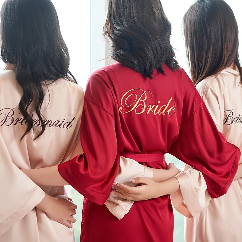 Bride Bridesmaid Morning Kimono Bathrobe Gown Embroidery Wedding Robe Nightgown Summer Female Nightdress Loose Satin Home Wear