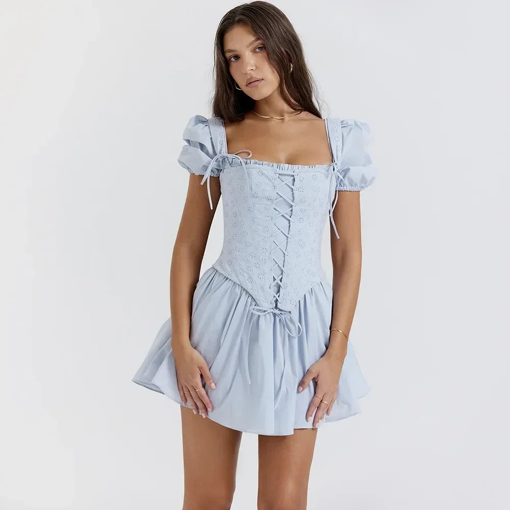 Suninheart Summer Blue Puff Sleeve Corset Dress Mini Elegant A Line Lace Up Holiday Party Dress Square Neck Women Dress