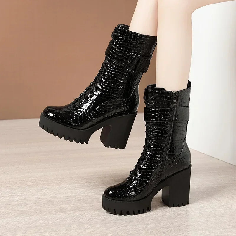 10cm Small Size 32-43 ELegant Block High Heels Boots Patent Leather Shoes 2024 Winter Thick Buckle Platform Botas with Fur