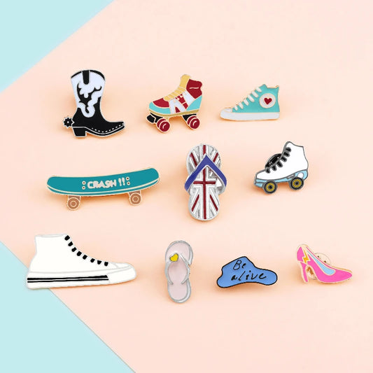 Fashion Brooch Skates Skateboard Sandals High Heels Women Enamel Badge Pins Shoes Metal Icon Shirts Jackets Backpacks Button Pin