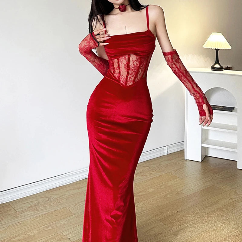 Goth Dark Velvet Ruched Elegant Corset Dresses Gothic Lace Patches Sheer Sling Party Dress Red Black Ladies Backless Clothes