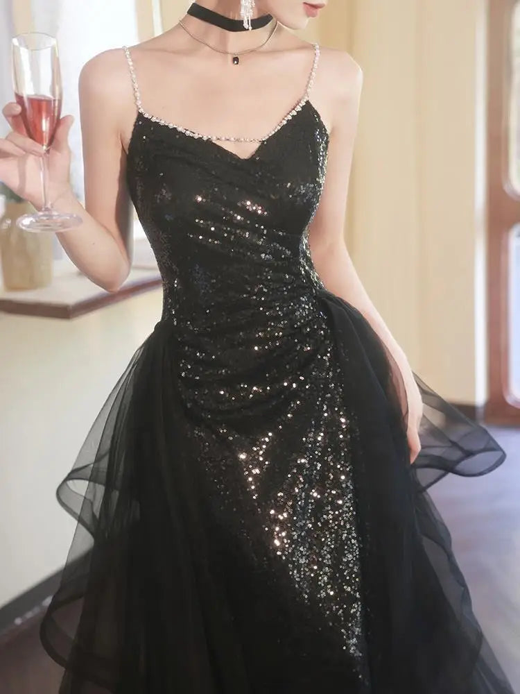 New Black long sequined removable tail lady girl women princess banquet party performance prom dress performance gown