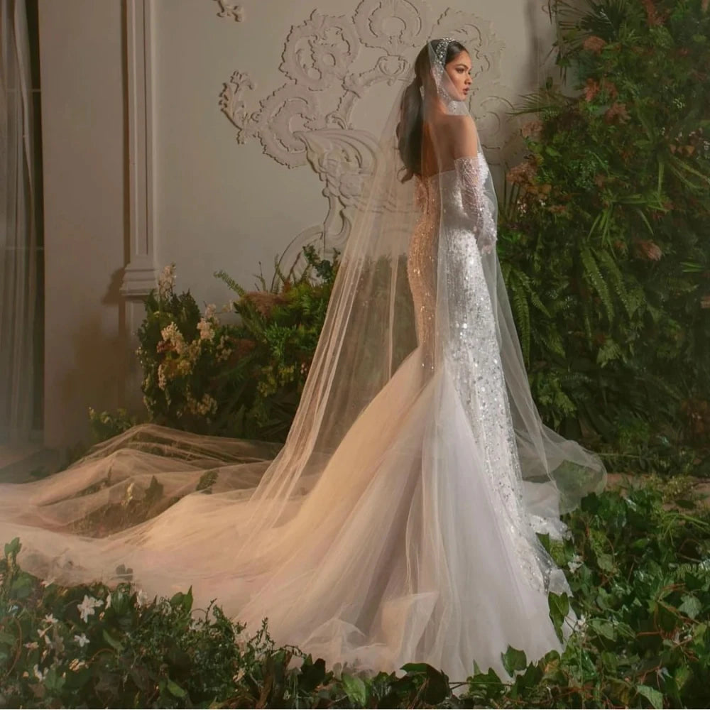 Sexy Strapless Sleeveless Bridal Dress Sparkly Sequins Pearls Wedding Gown Luxury Mermaid Bride Robe Customized Vestido De Novia