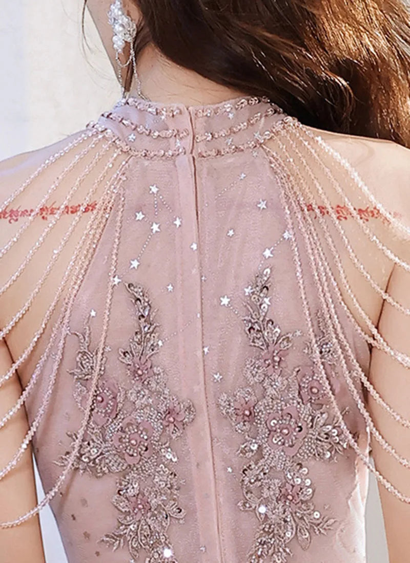 Luxury High Quality Pink Evening Dress For Prom Summer Autumn Temperament Socialite Senior Party Dress For Women