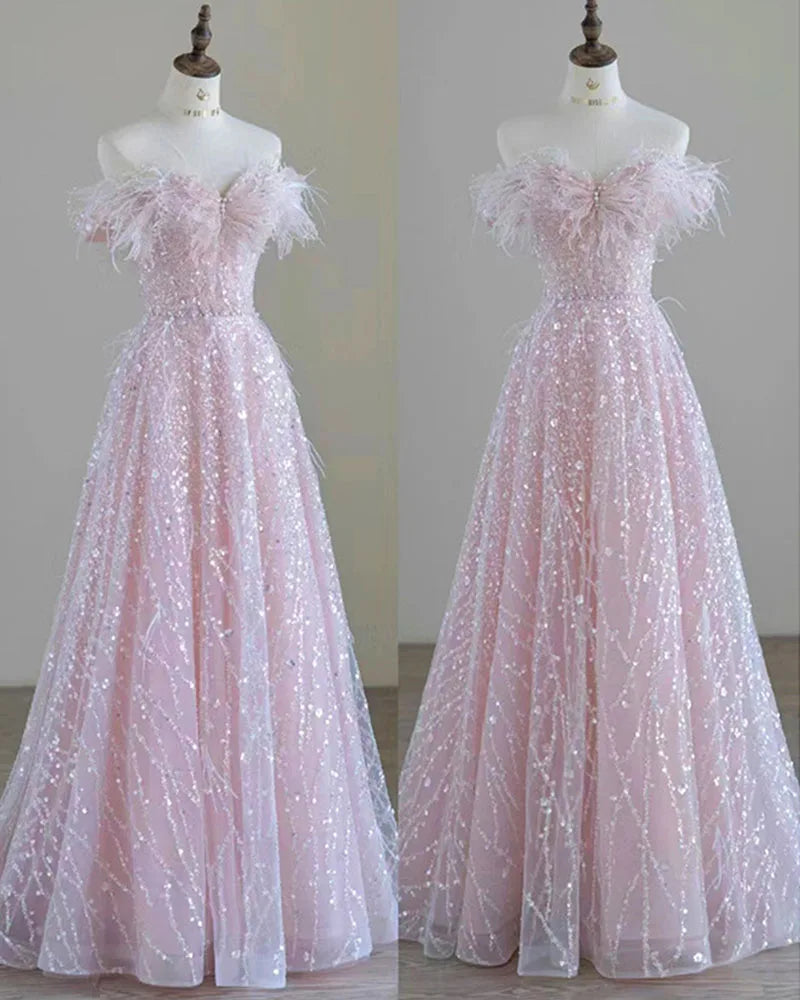 Luxury Pink feather Prom dresses women advanced light luxury a word shoulder fairy Evening dress high-end party gown