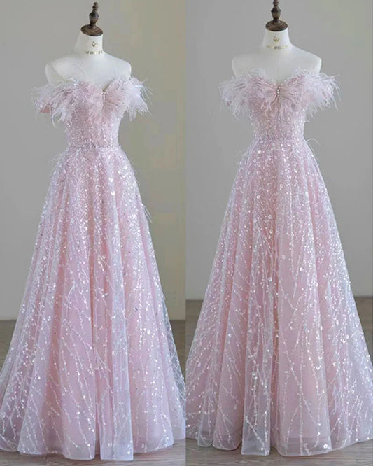 Luxury Pink feather Prom dresses women advanced light luxury a word shoulder fairy Evening dress high-end party gown