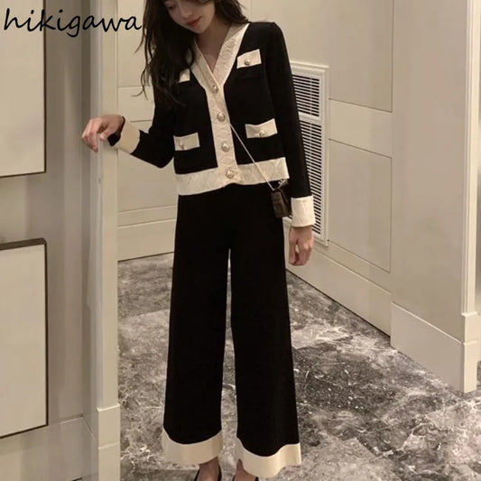 2025 Ropa Mujer Pants Suit Fashion Two Piece Sets Women V-neck Loose Sweater Straight Wide Leg Pants Set Knitted Chic Outfits