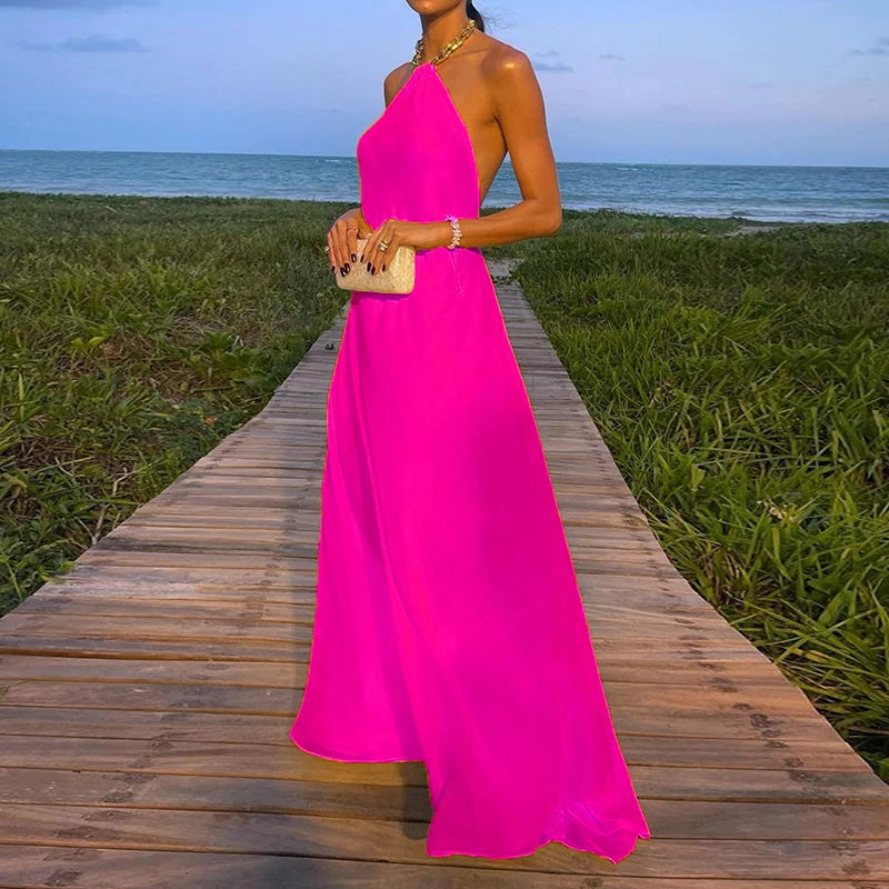 Halter Beach Style Women Summer Maxi Dress Solid Chain Loungewear Backless Fashion Ladies Party Dress Sleeveless Streetwear