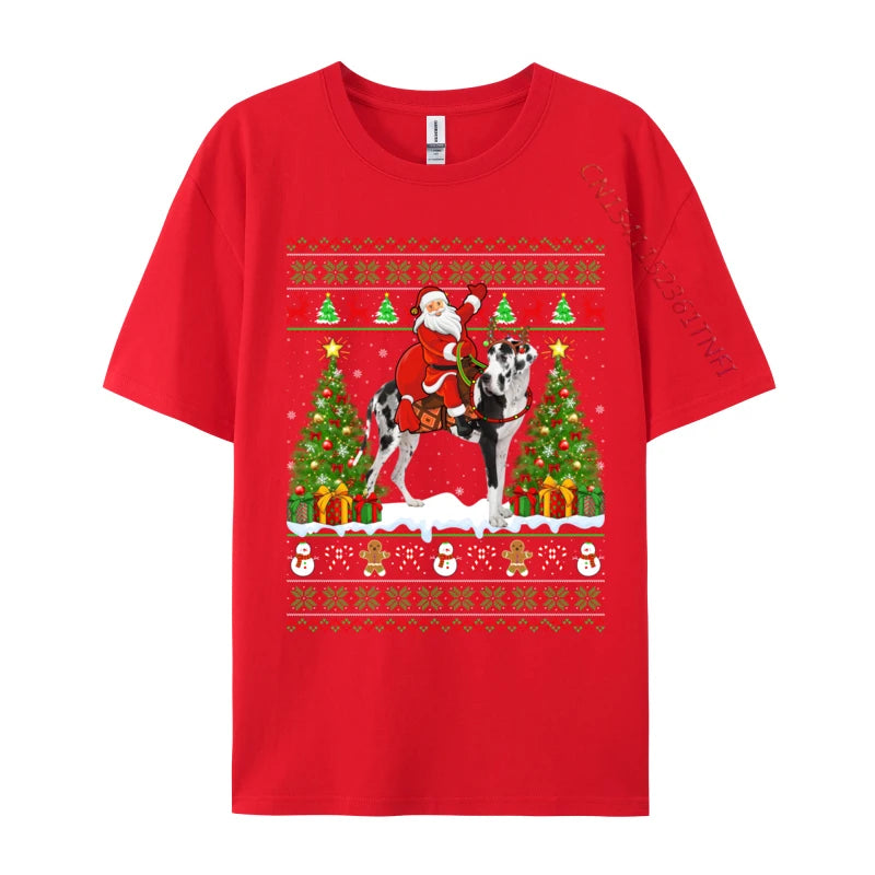 Xmas Sweater Ugly Santa Riding Great Dane Dog Christmas T Shirt Novelty Tees Classic Crew Neck T-Shirts Gift Idea Clothing