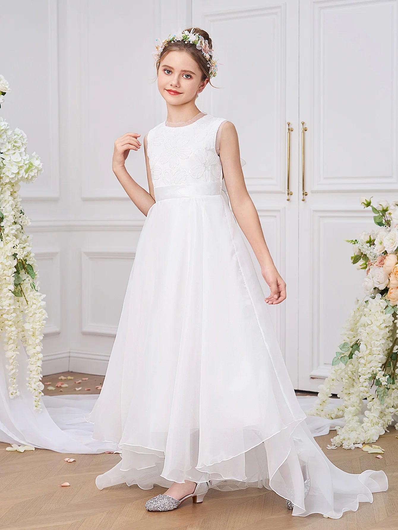 Fashion White Bridesmaids Party Girl Dress Elegant Flower Wedding Princess Prom Gown Kids First Communion Birthday Baptism Dress