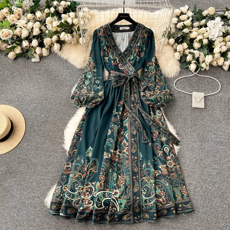 Vintage Women Party Dress Lantern Sleeve Bandage Slim Waist Print Long Robe Femme Vestidos De Mujer Big Swing Maxi Dresses