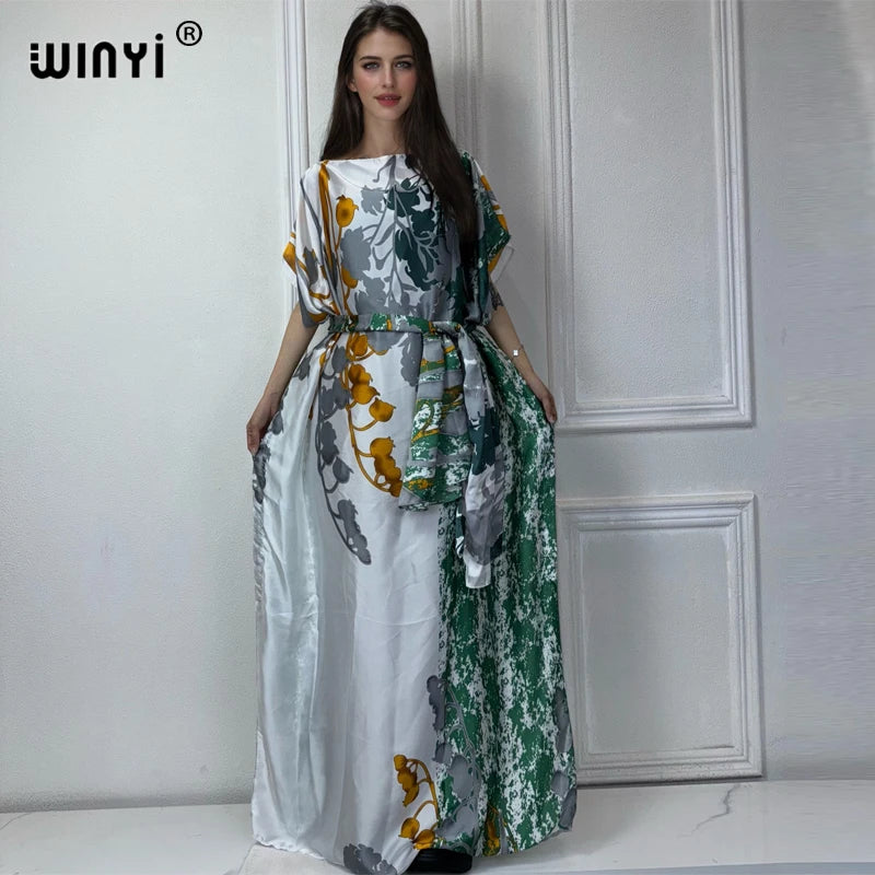 WINYI 2025 New African Women Dashiki boho print muslim woman dubai Free Size Design With Scarf Maxi Loose African Elegant Dress