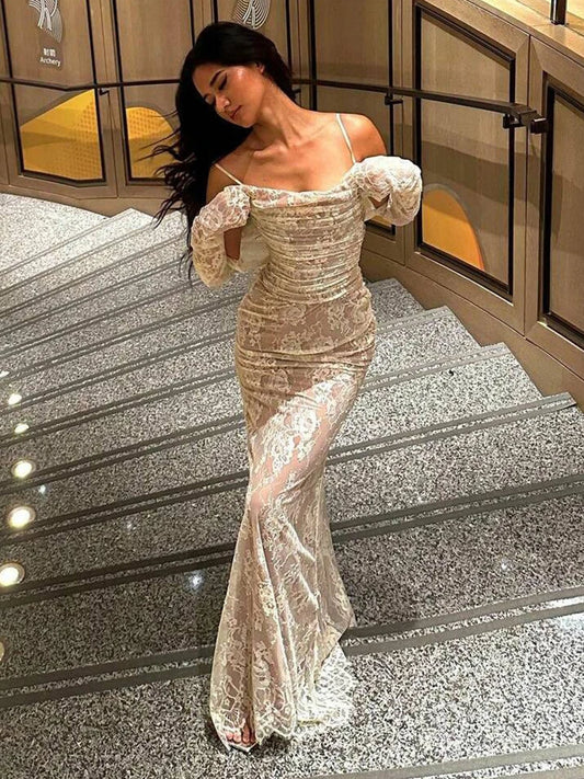 Avrilyaan Lace Print Bodycon Sexy Dress Women Robes Elegant Evening Party Dress Bodycon Spring Midi Long Dress Vestidos