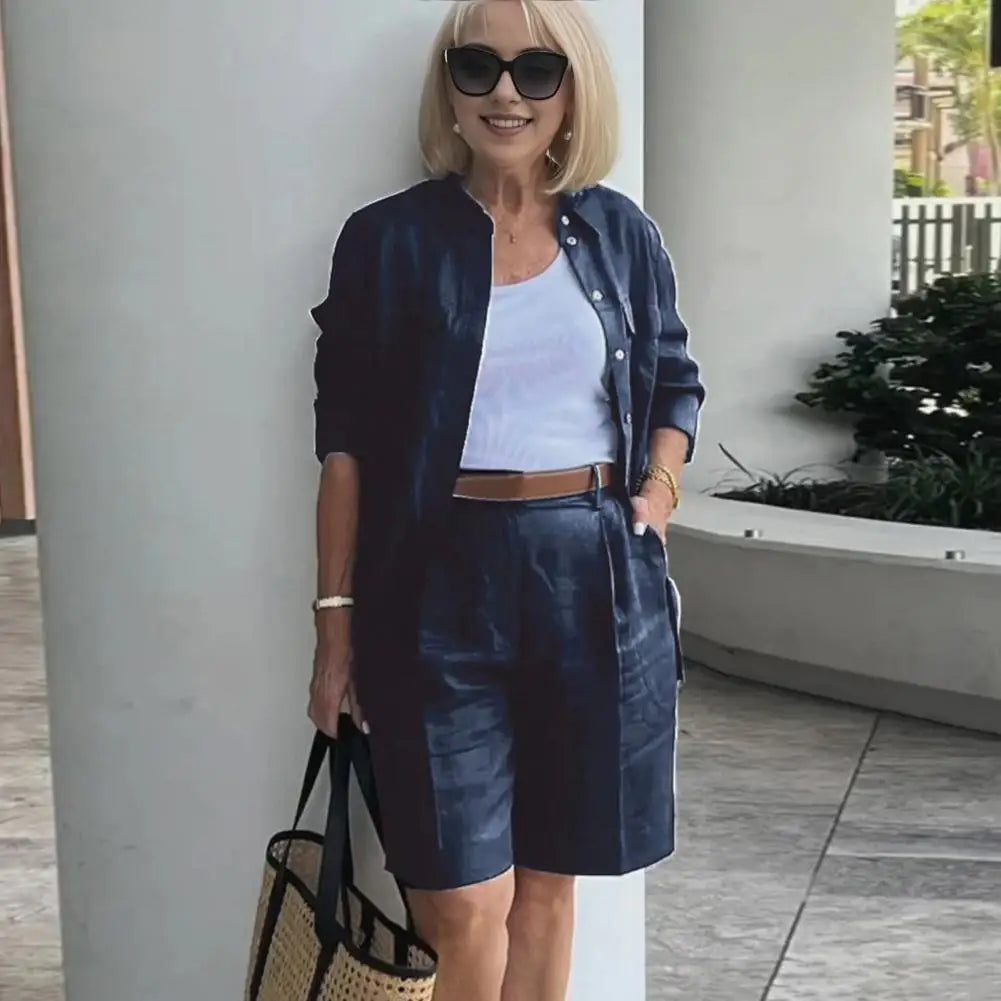 Women Suit Set Two-piece Suit Set Women's Commute Outfit Set with Long Sleeves Lapel Blouse High Waist Pants Solid for Plus