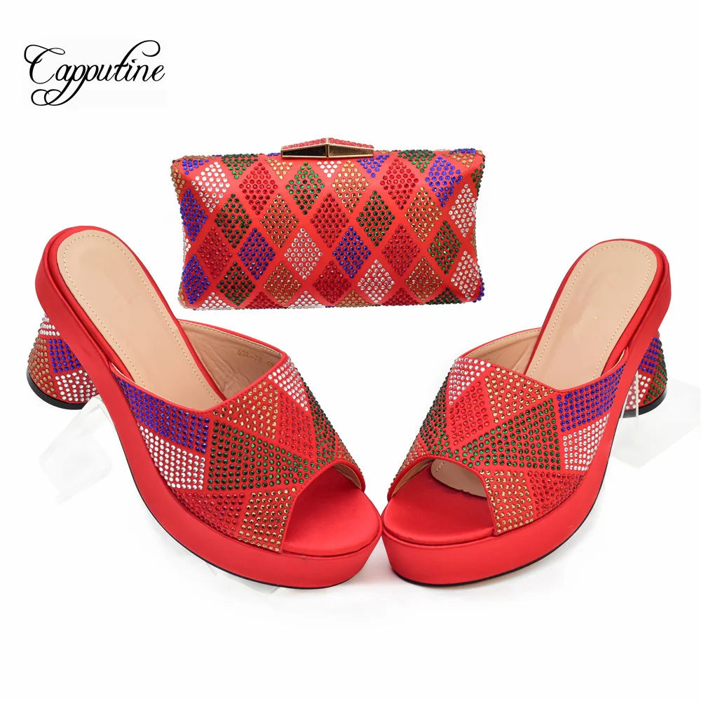 Magenta Women Shoes And Bag Set African High Heels Slippers Match With Purse Handbag Pumps Pantoufle Femme Pantofole 938-78