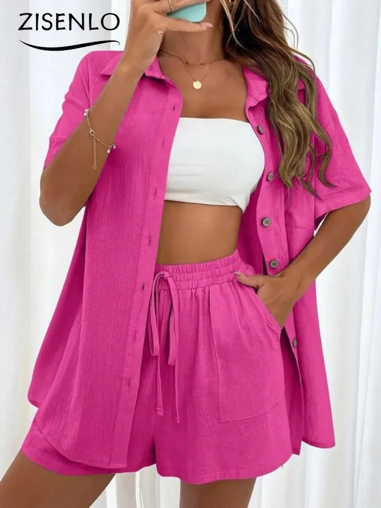 Women's Suit Summer Fashion Solid Color Short Sleeved Single Breasted Shirt & Shorts Set Cheap Elegant Loose Short Pant Sets