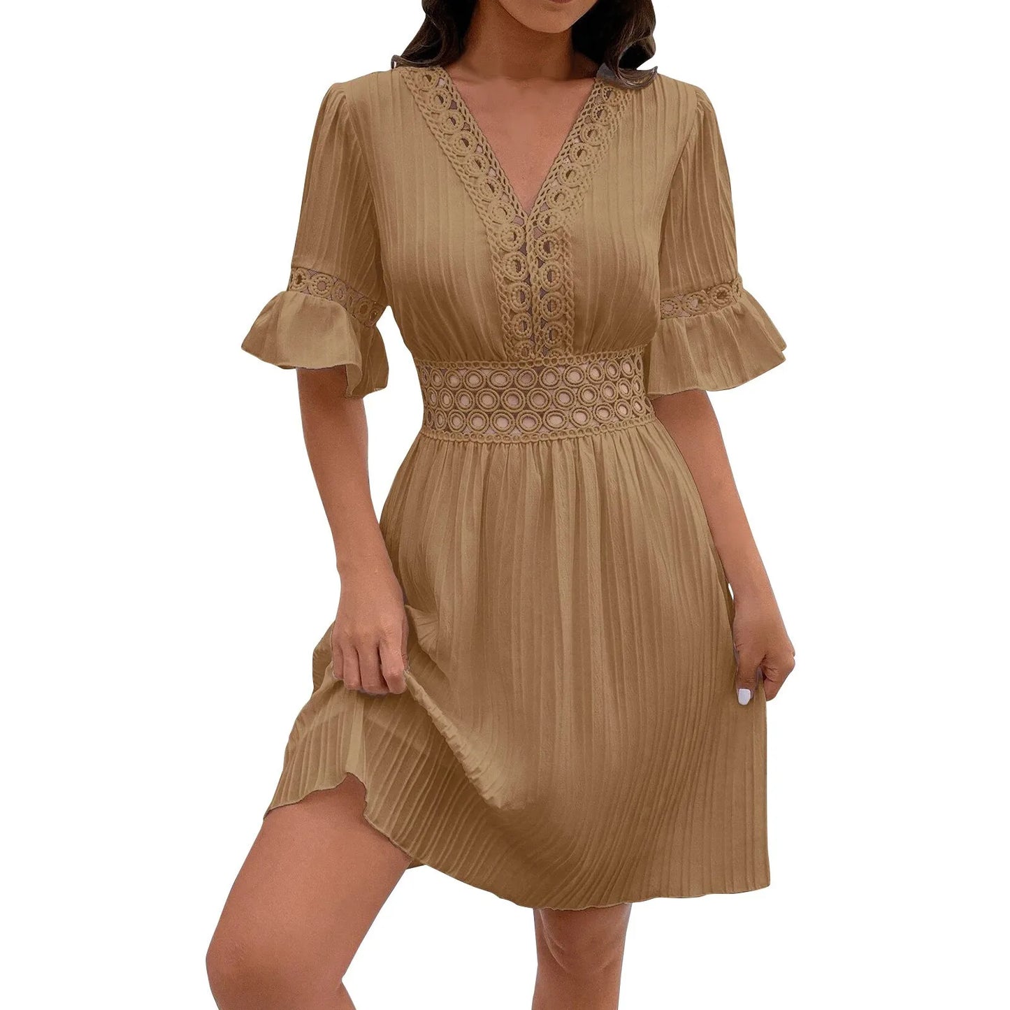 Women Sexy V Neck Flying sleeve Mini Dress Summer Hollow Embroidery Lace Patchwork Party Dress Casual Loose Beach A-Line Dress