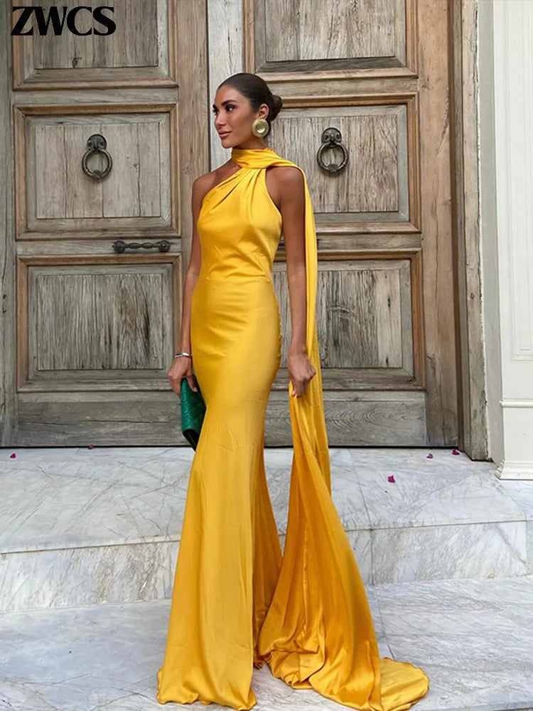 Elegant Satin Ribbon Halter Party Dress Women Sexy Backless Off Shoulder Sleeveless Dresses Spring New Famale Solid Robes