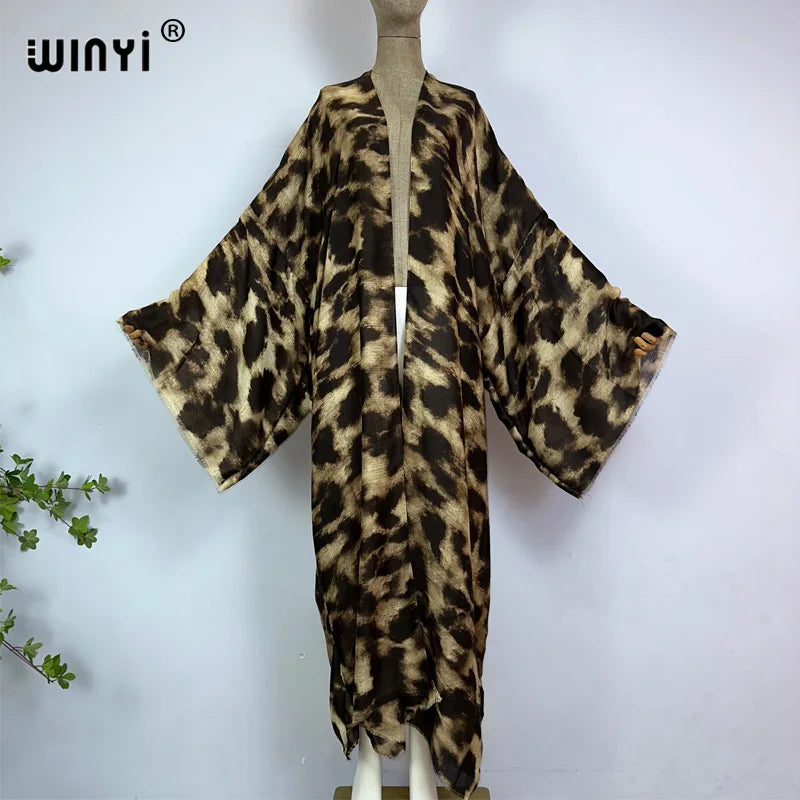 kimono summer leopard print vestidos Bikini Cover-up Elegant Cardigan sexy Holiday maxi beach swimsuit evening party dress