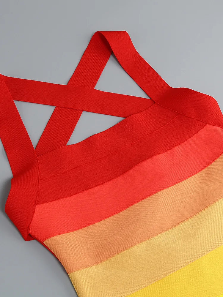 High Quality Strap Gradient Bodycon Bandage Dress Women Summer Sleeveless Square Collar High Street Evening Club Party Dress