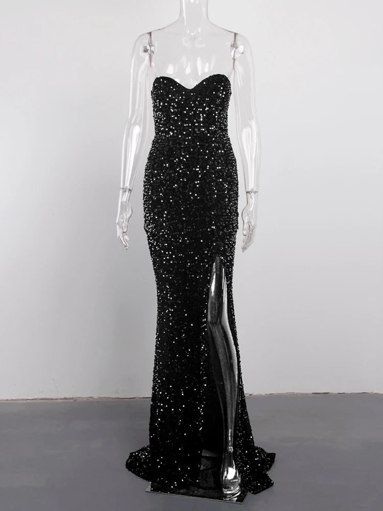 Romagic Luxury Sequin Strapless Evening Party Dresses Stretch Velvet Sexy Slit Leg Padded Long Cocktail Prom Dress Wedding Gown