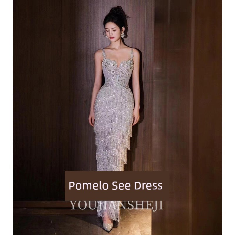 Banquet Heavy Work Evening Dress Women Fancy Sling Tassel Evening Gown Bride Engagement Formal Dress Classy Light Luxury