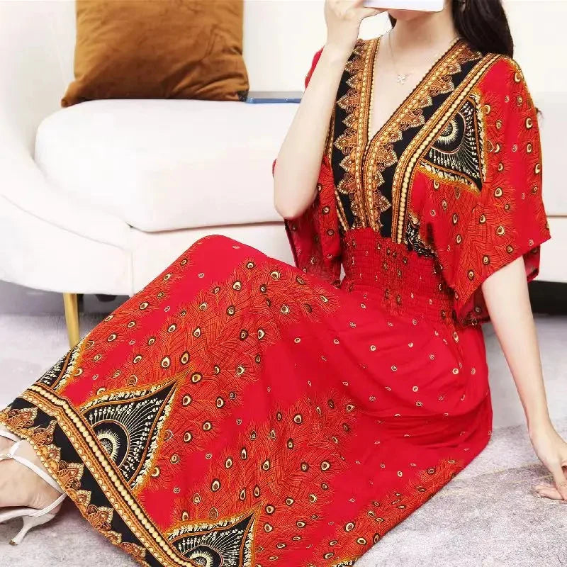 Bohemian Dress New Midi Dress Striped Colorful Flower V-Neck Party Dress Elastic Waist Large Swing Skirt Youthful Woman Clothes