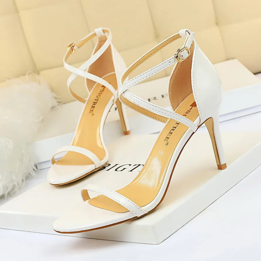 BIGTREE Shoes Pumps Open Toe High Heels Patent Leather Women Heels Stiletto 11 Cm 7.5cm Summer Heels Sandals Women Party Shoes