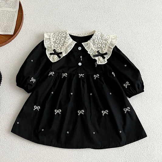 2025 New Spring Baby Girl Party Dress Long Sleeved Cotton Embroidery Splicing 0-6Yrs Kids Princess Dresses Sister Clothing