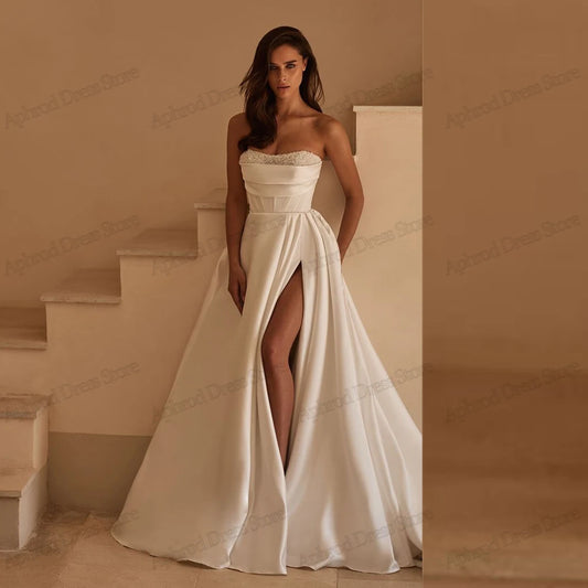 Modern Wedding Dresses A-Line Satin Pleat Bridal Gowns Sequin Appliques Sexy Robes High Slit Vestidos De Novia Customized