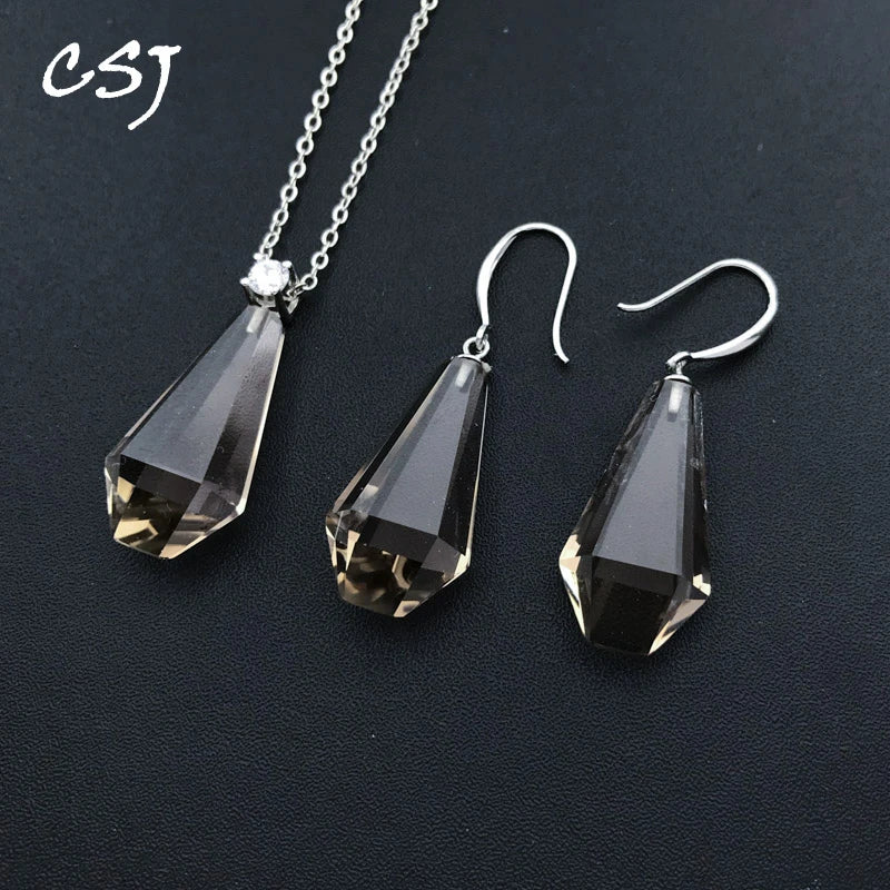 Big Stone Smoky Quartz Jewelry Sets Sterling 925 Silver Natural Gemstone14*26mm for Women Birthday Party Trendy Jewelry Gift